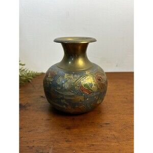 Vintage Brass & Enamel Painted Floral Bud Vase 5” Tall Chipped Paint READ
